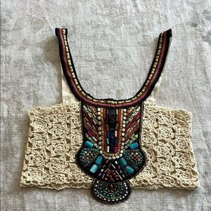 Signature8 Beaded and Embroidered Crochet Crop Top - Cream and Multicolor